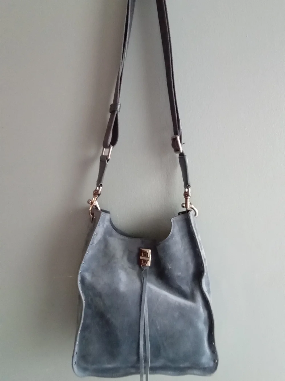 Rebecca Minkoff‎ Navy Blue Suede Studded Hobo Crossbody Bag with Guitar Strap